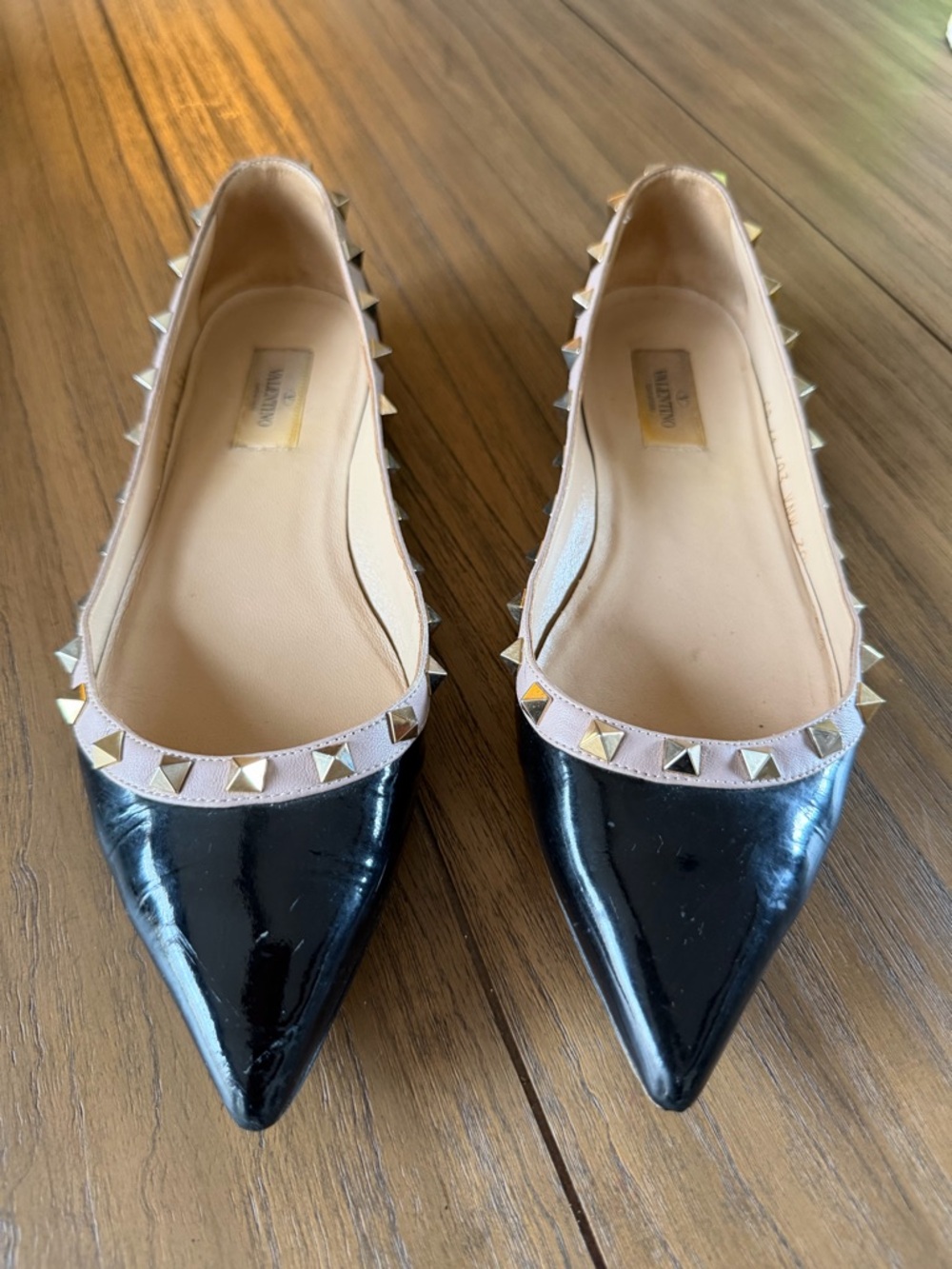 Valentino Garavani Black Patent Rockstud Pointed Ballet Flats 39.5